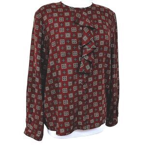 Talbots Vtg Diamond Square Pattern Print Blouse Wine Dark Green Gold Petite 10
